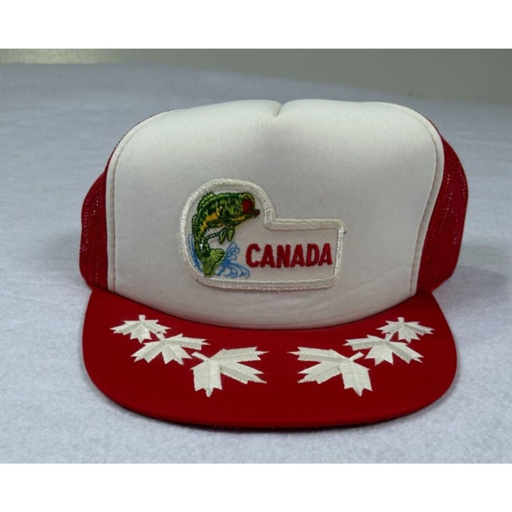 Vintage Canada Trucker Hat Red White Mesh Snapback Fishing Fish Maple Leaf